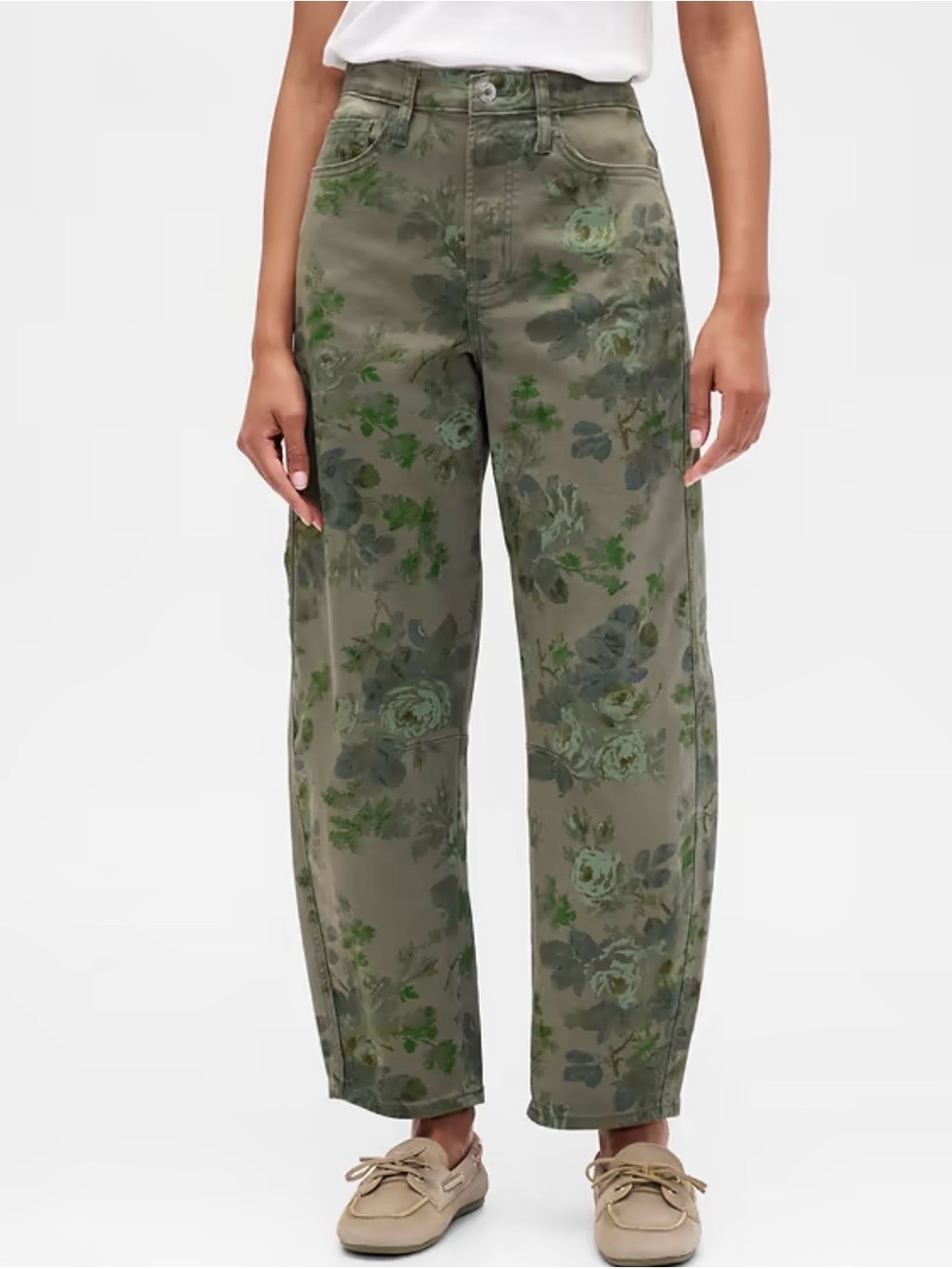 GAP Women’s Barrel Jeans with Olive Green Floral Camo Pattern